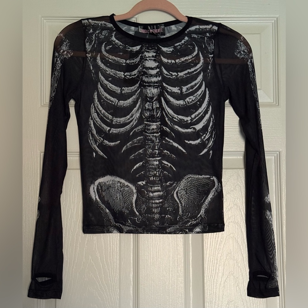 Skeleton Print Sheer Long Sleeve Tee - Black